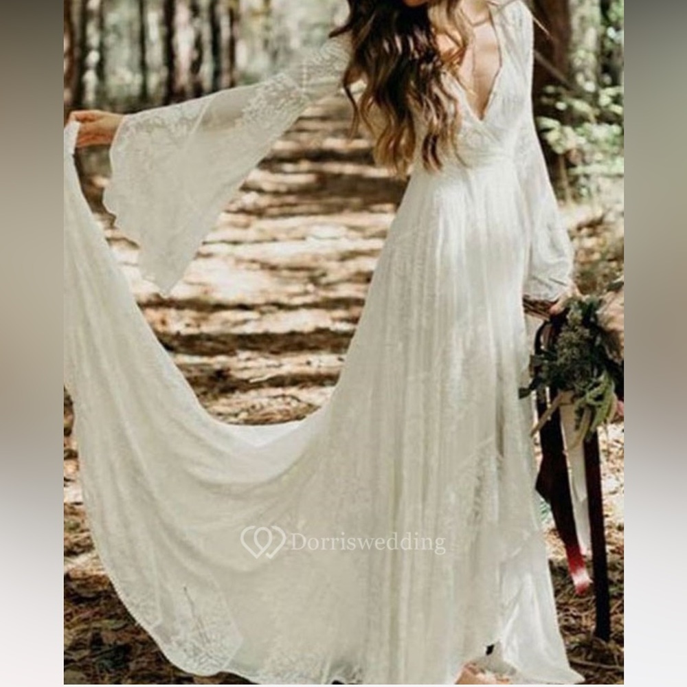 Stunning Boho Lace Wedding Dress with Bell Sleeeves